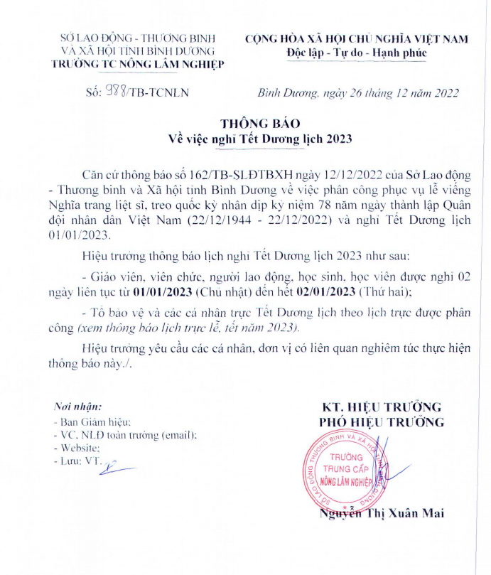 Thông báo nghỉ Tết Dương lịch 2023
